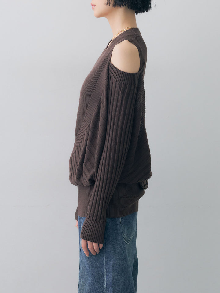 [予約]ショルダーオープンリブデザインニットトップス/brown