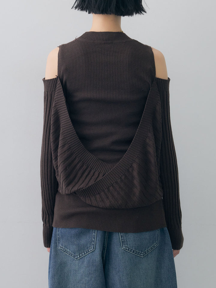 [予約]ショルダーオープンリブデザインニットトップス/brown