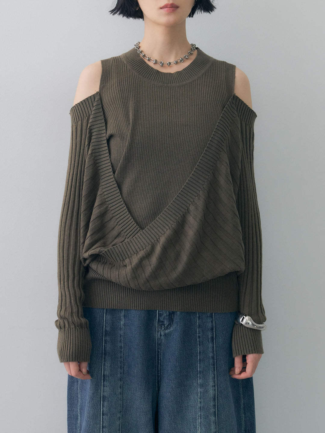 [予約]ショルダーオープンリブデザインニットトップス/khaki
