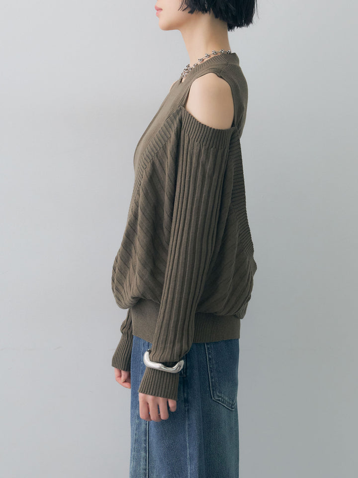 [予約]ショルダーオープンリブデザインニットトップス/khaki