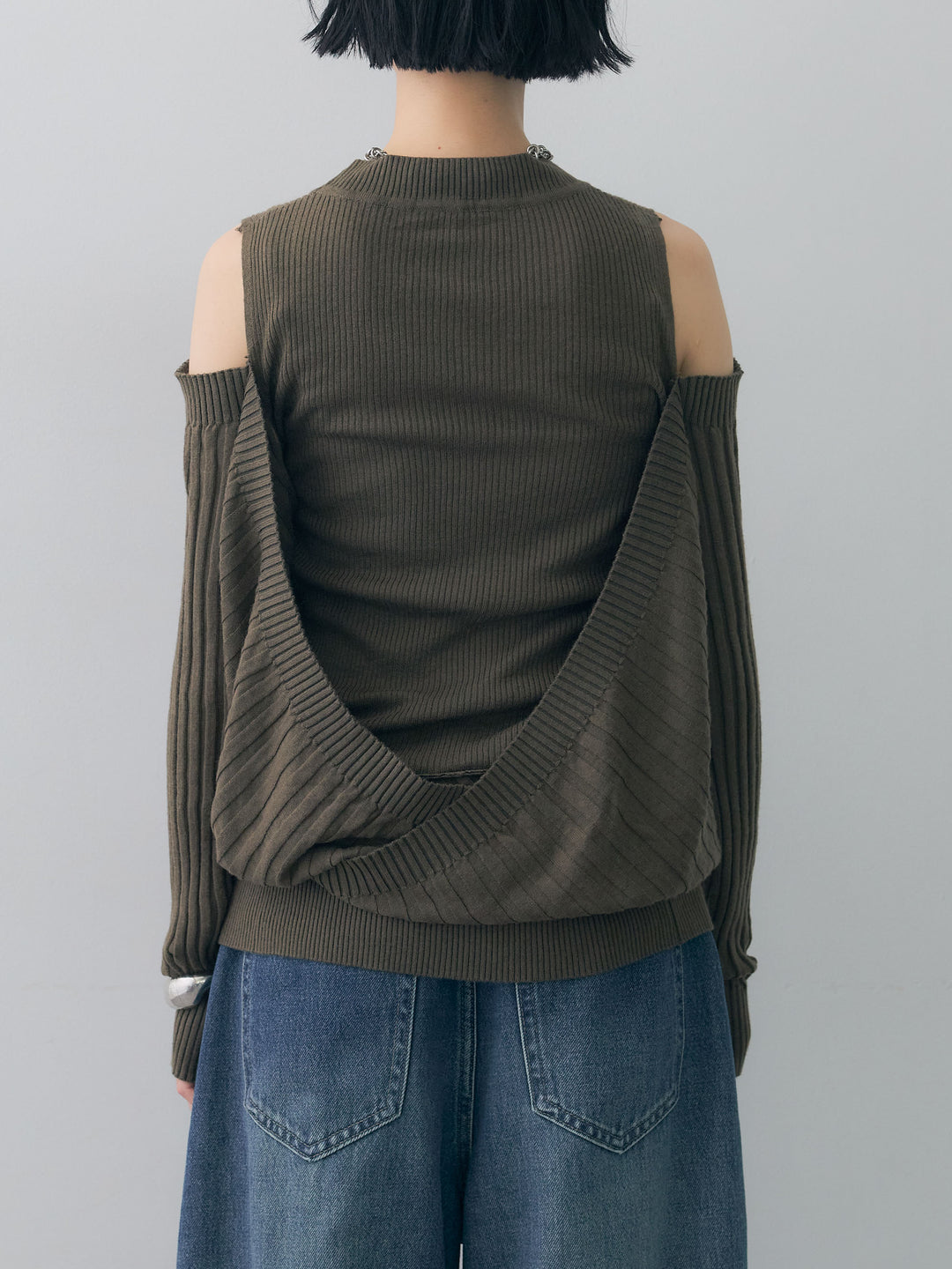 [予約]ショルダーオープンリブデザインニットトップス/khaki