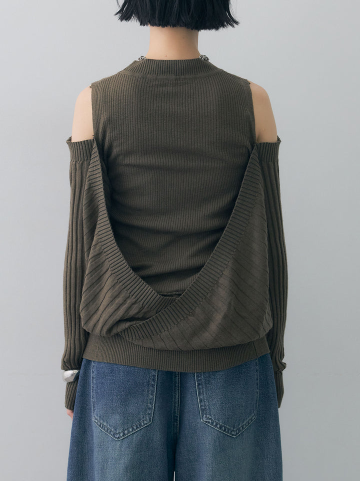 [予約]ショルダーオープンリブデザインニットトップス/khaki