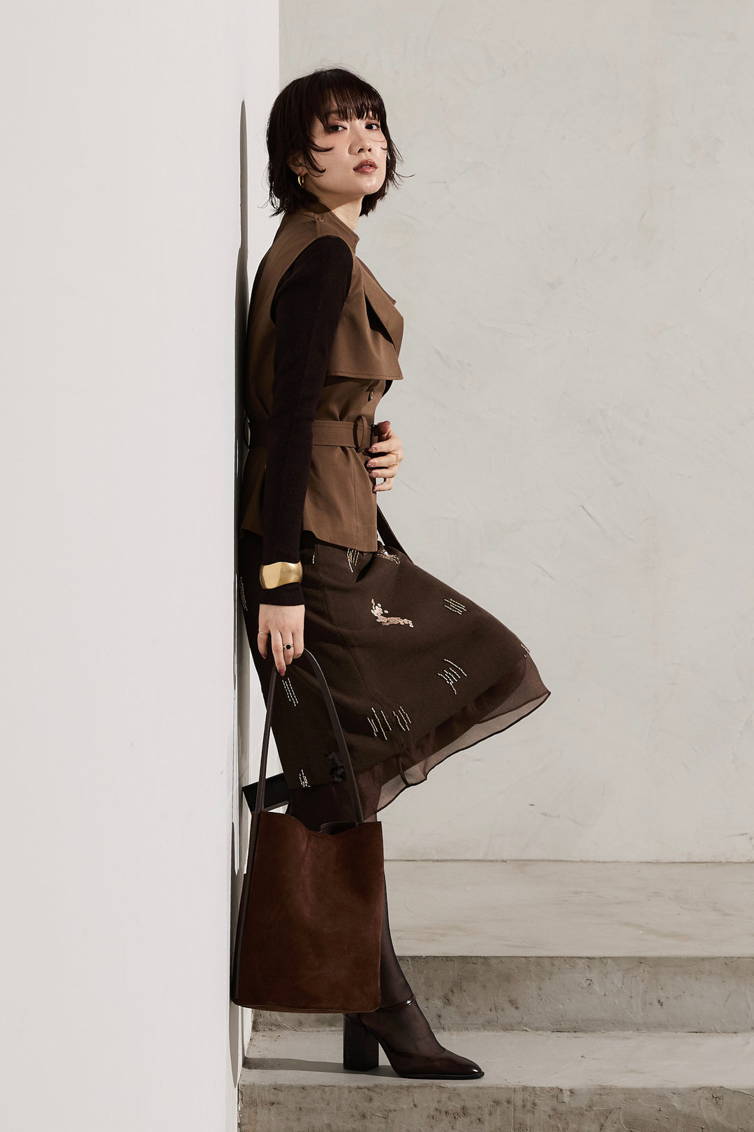 【預購】風衣短版背心/棕色