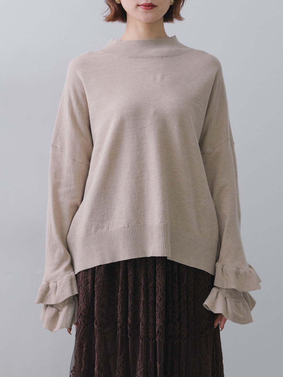[予約]フリルスリーブニットトップス/beige