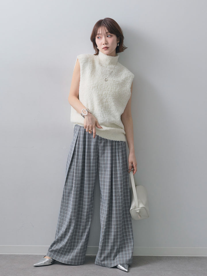 [SET]テディハイネックノースリベスト+チェックドレープワイドパンツ(2set)