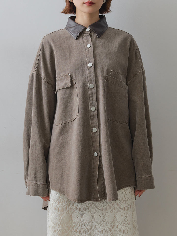 [予約]レザーカラーデザインポケットオーバーシャツ/brown