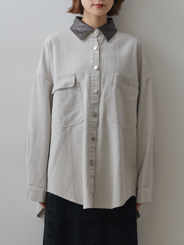 [予約]レザーカラーデザインポケットオーバーシャツ/white