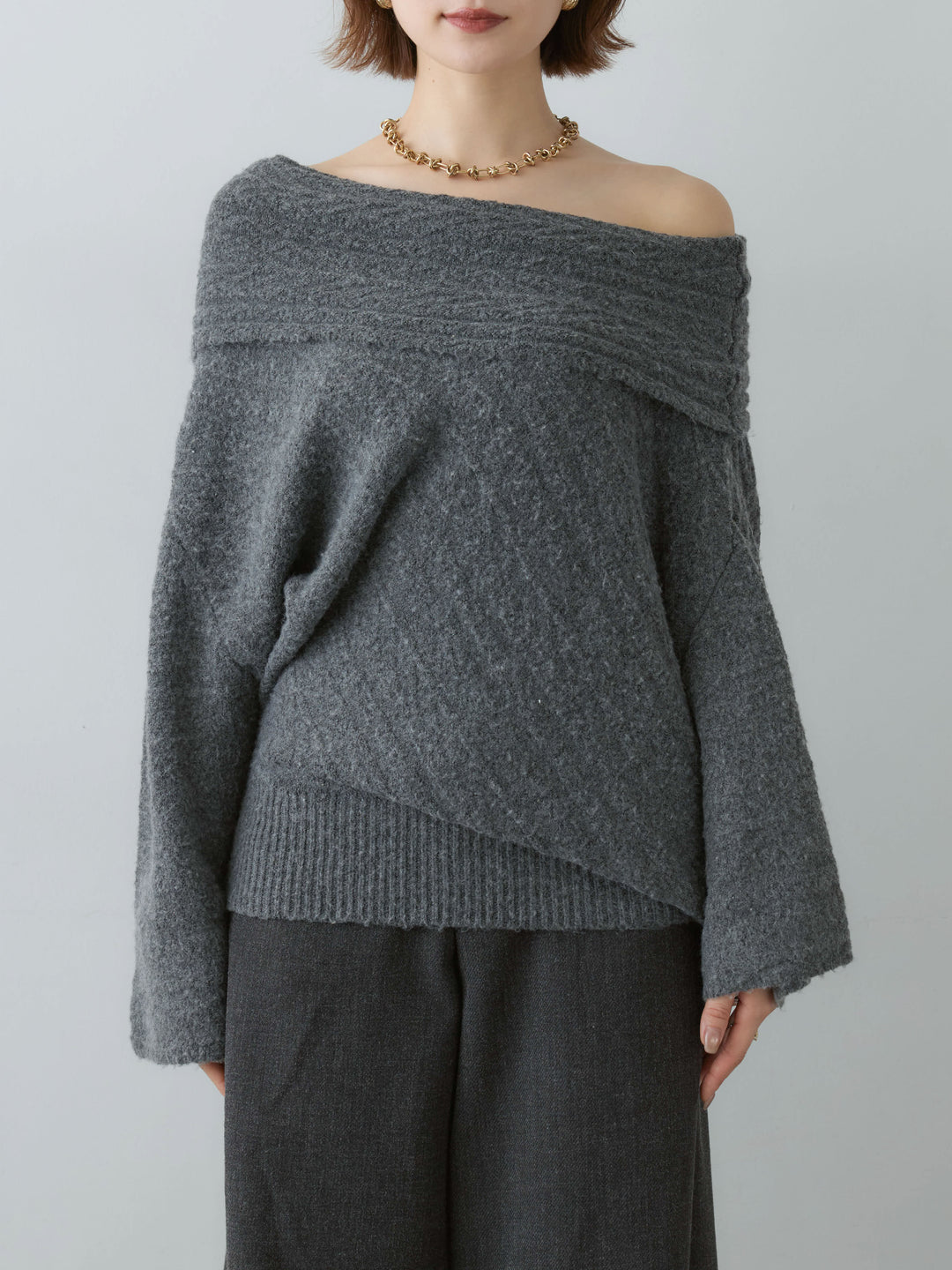 [予約]アシメデザインオフショルニットトップス/gray