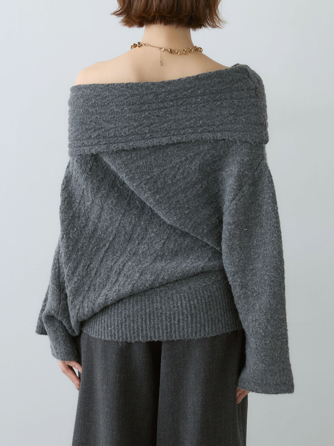 [予約]アシメデザインオフショルニットトップス/gray