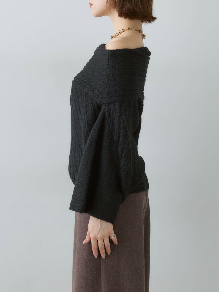 [予約]アシメデザインオフショルニットトップス/black