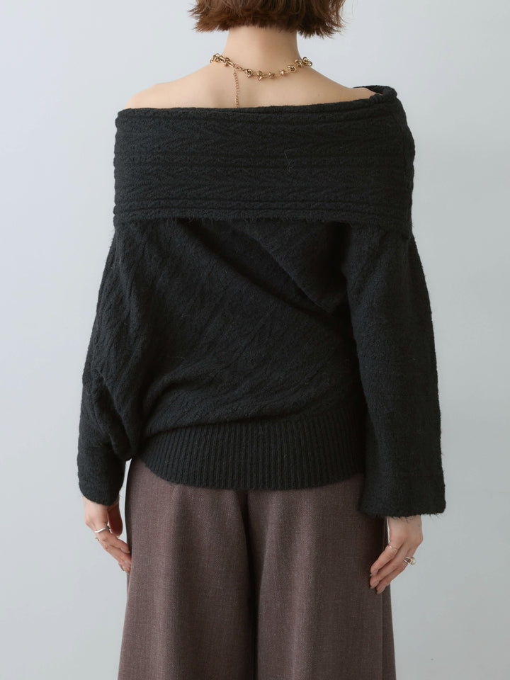 [予約]アシメデザインオフショルニットトップス/black