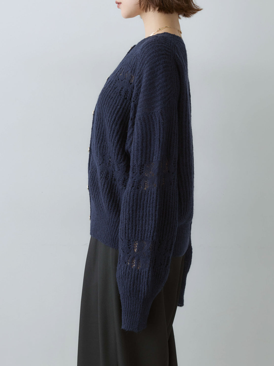 [予約]透かしボーダー編みゴールドボタンカーディガン/navy