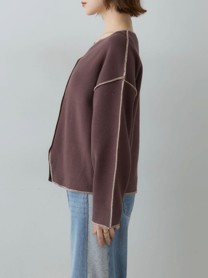 [予約]バイカラーステッチVネックニットトップス/brown