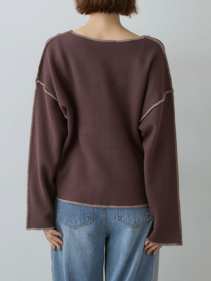 [予約]バイカラーステッチVネックニットトップス/brown