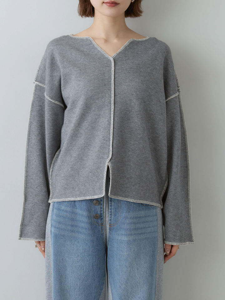 [予約]バイカラーステッチVネックニットトップス/heathergray