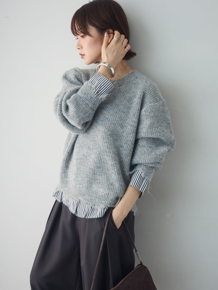 [SET]シャツレイヤードデザインモヘアプルオーバー+ツイルタックワイドパンツ(2set)
