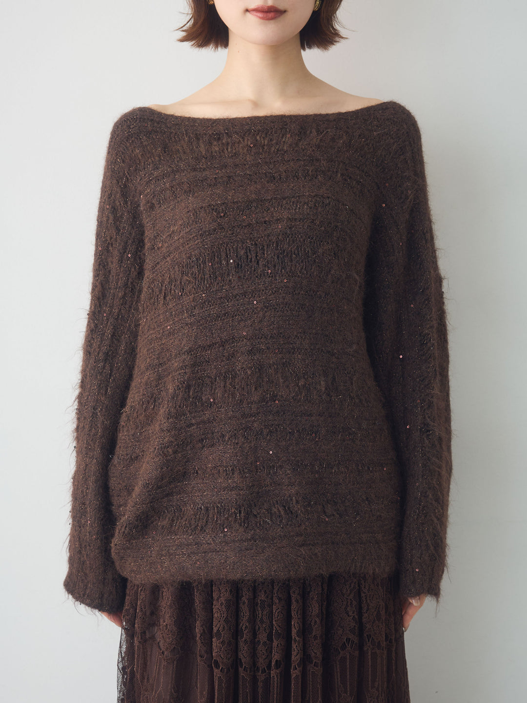 [予約]ミックス透かし編ワイドネックニットトップス/brown