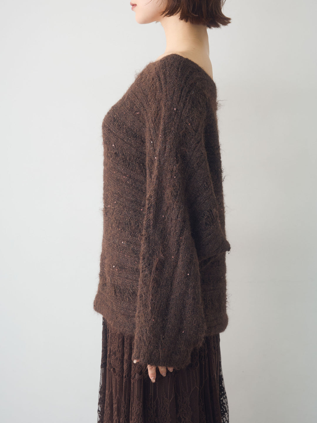 [予約]ミックス透かし編ワイドネックニットトップス/brown