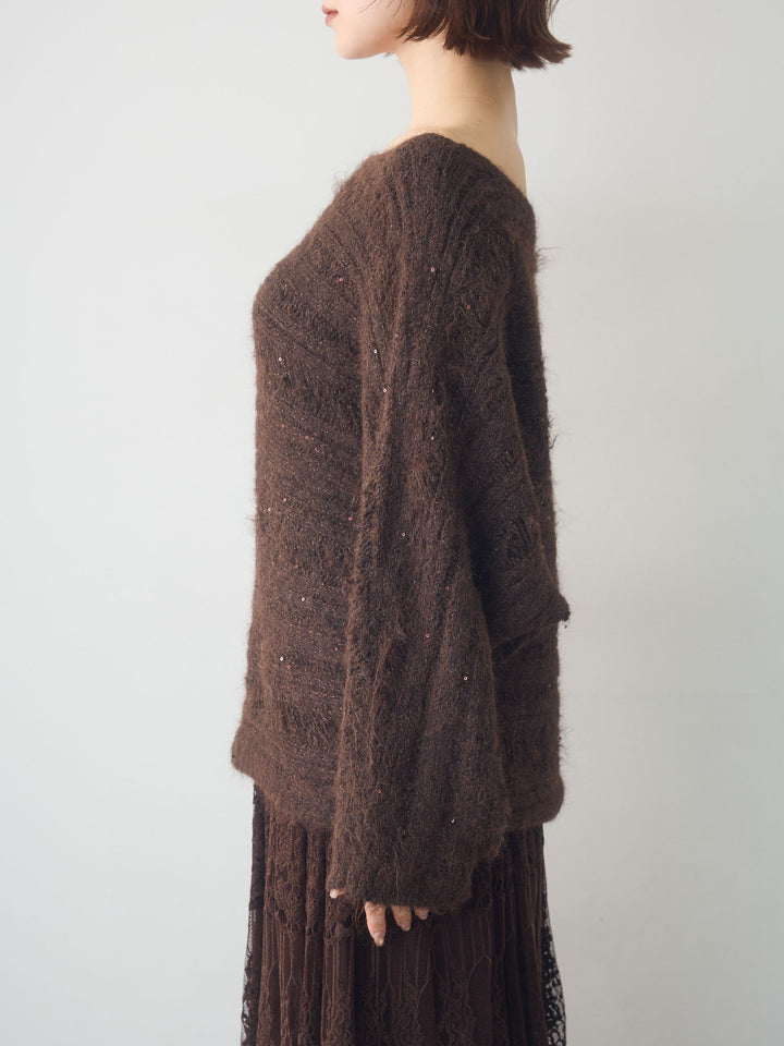 [予約]ミックス透かし編ワイドネックニットトップス/brown