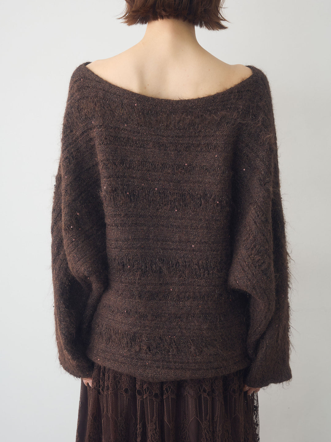[予約]ミックス透かし編ワイドネックニットトップス/brown