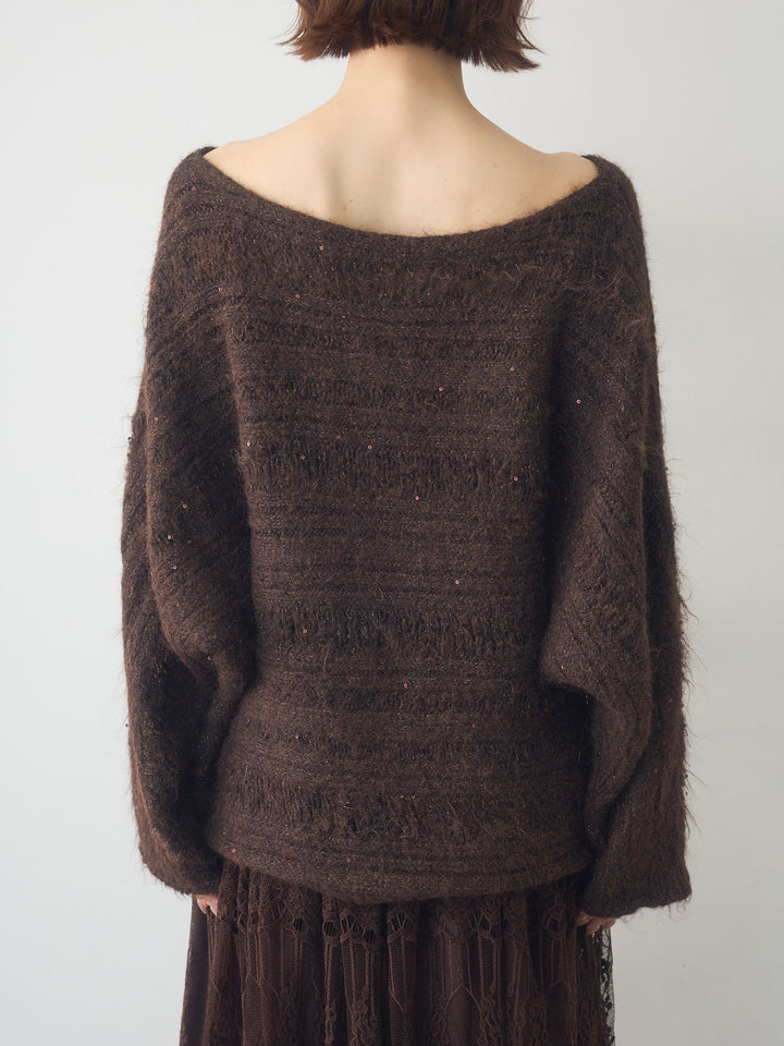 [予約]ミックス透かし編ワイドネックニットトップス/brown