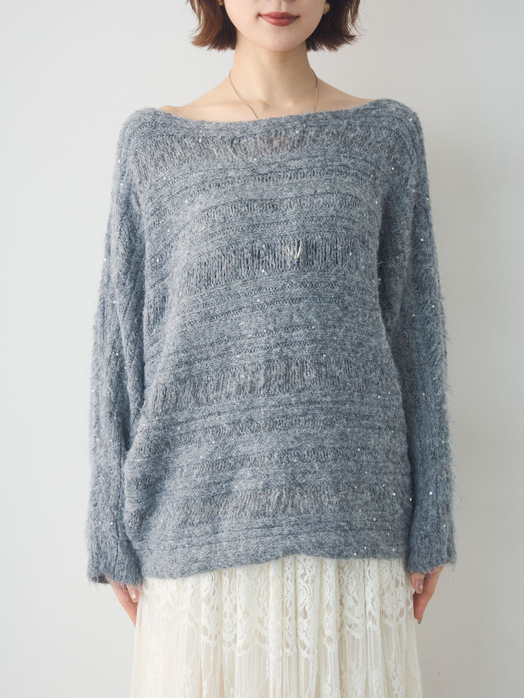 [予約]ミックス透かし編ワイドネックニットトップス/gray