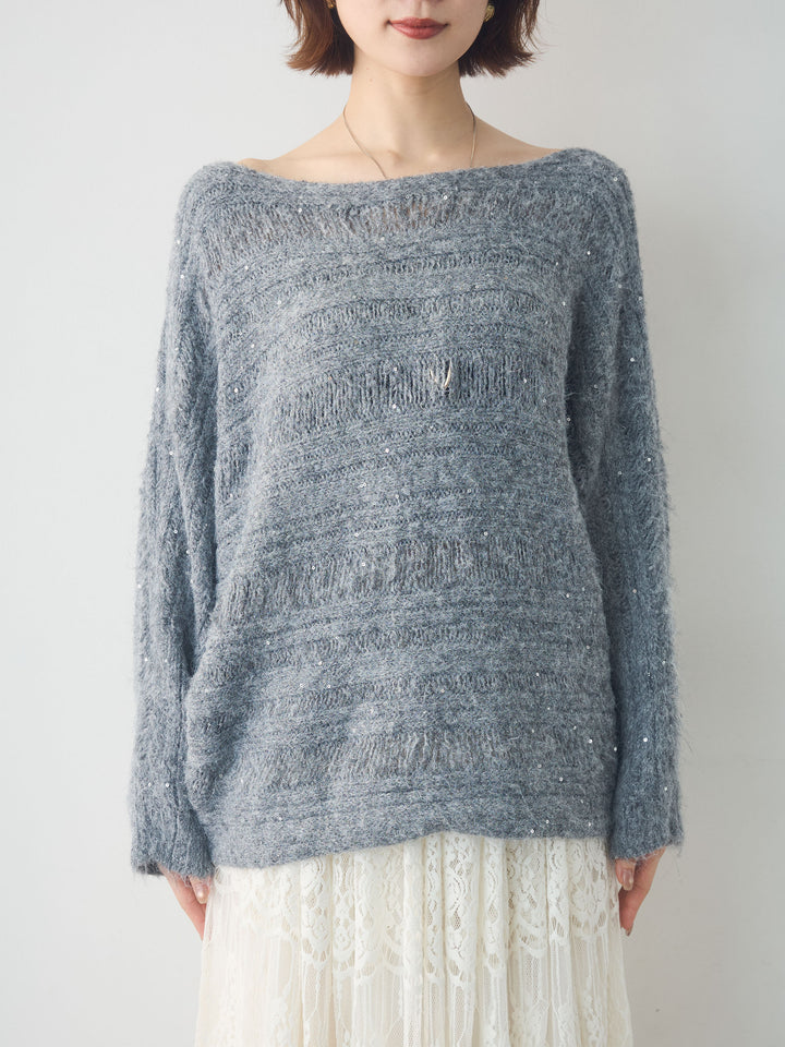 [予約]ミックス透かし編ワイドネックニットトップス/gray