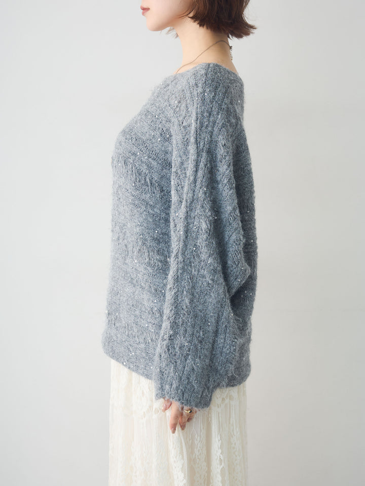 [予約]ミックス透かし編ワイドネックニットトップス/gray