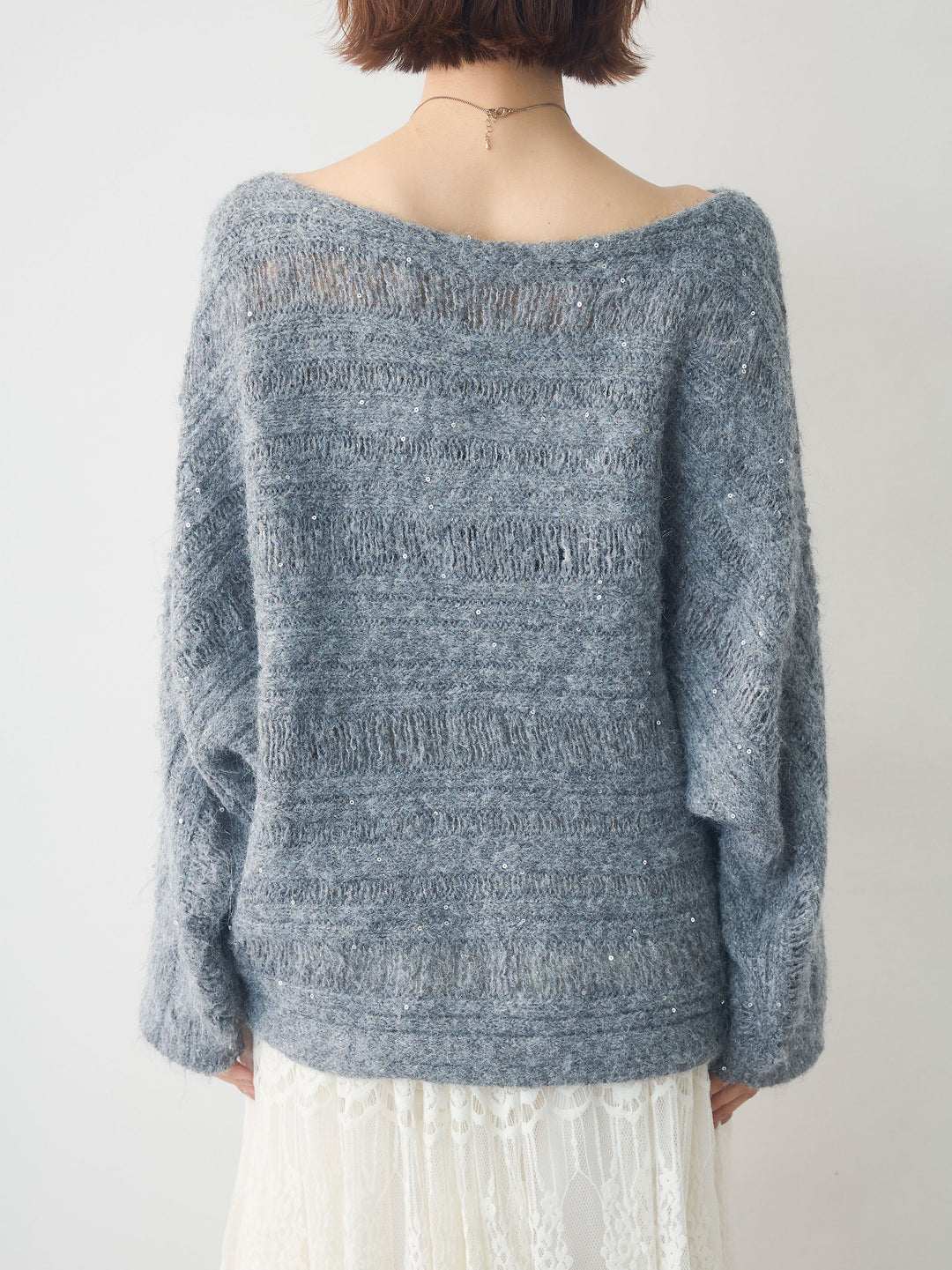 [予約]ミックス透かし編ワイドネックニットトップス/gray