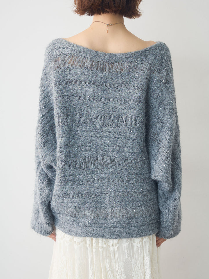 [予約]ミックス透かし編ワイドネックニットトップス/gray