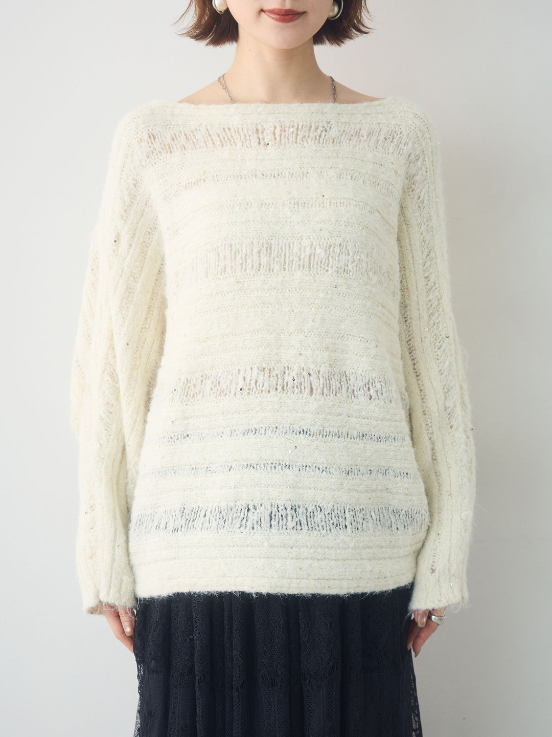 [予約]ミックス透かし編ワイドネックニットトップス/ivory