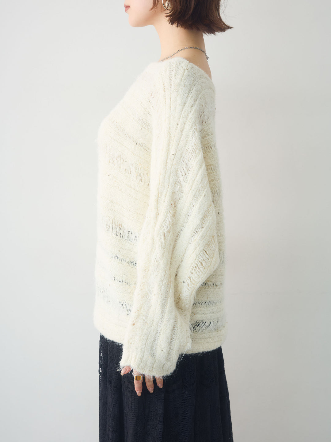 [予約]ミックス透かし編ワイドネックニットトップス/ivory