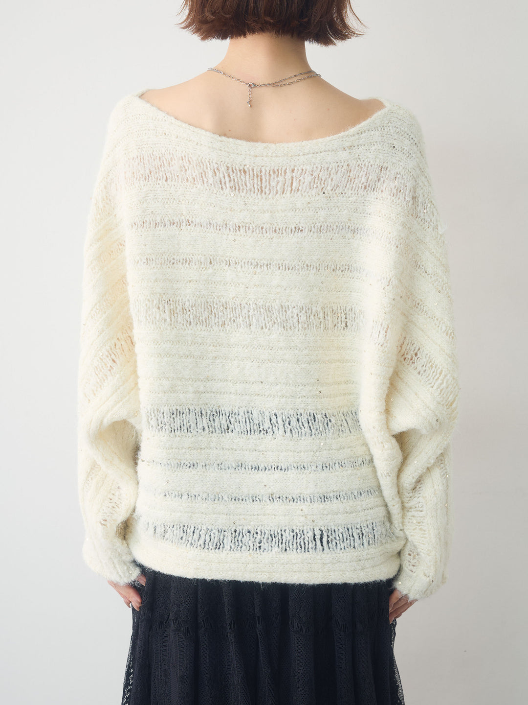 [予約]ミックス透かし編ワイドネックニットトップス/ivory