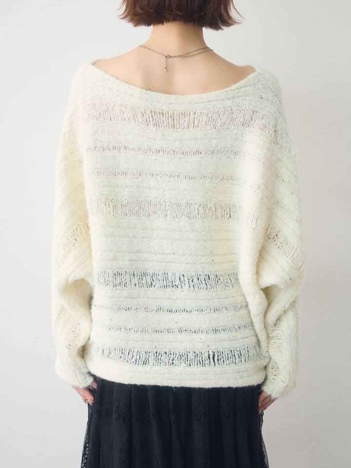 [予約]ミックス透かし編ワイドネックニットトップス/ivory