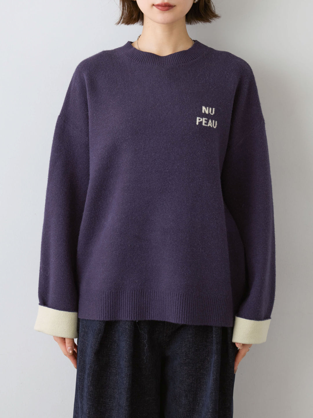 [予約]アルパカタッチバイカラーニットトップス/navy