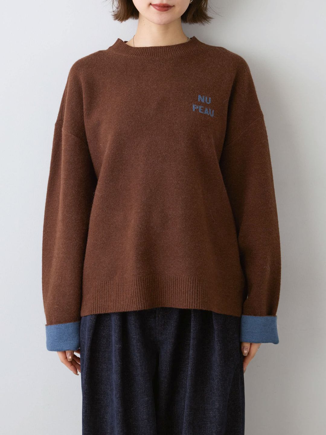[予約]アルパカタッチバイカラーニットトップス/brown