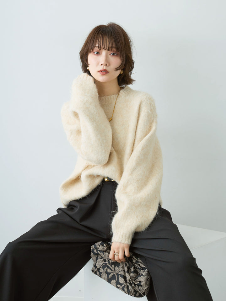 [SET]ソフトシャギーニットプルオーバー+ベルトループデザインワイドパンツ(2set)