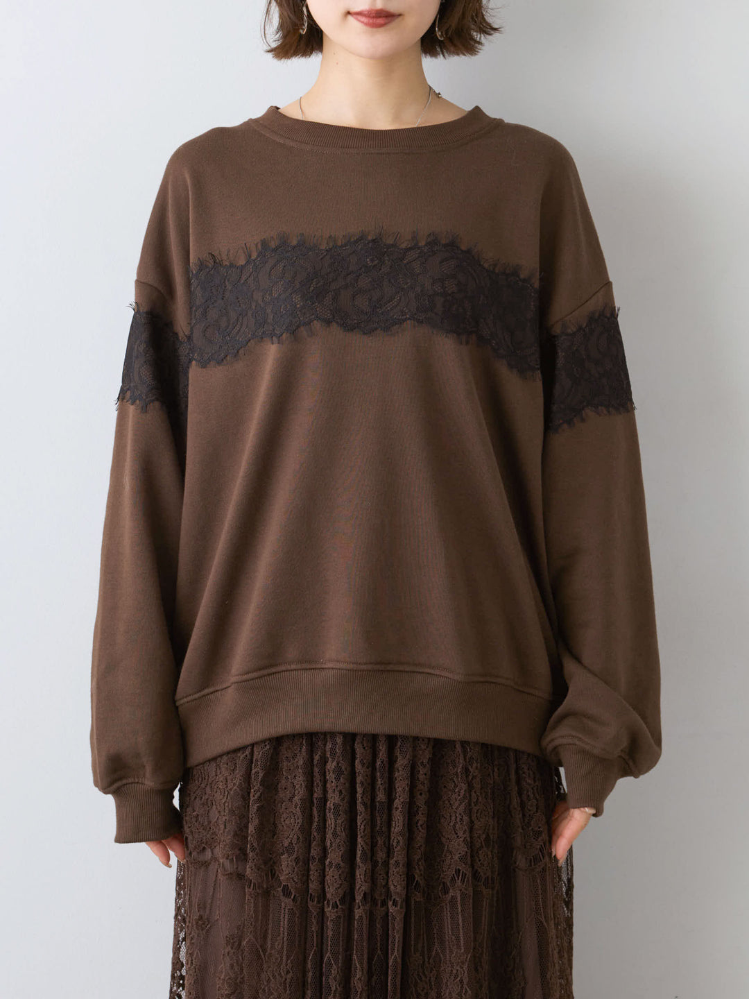 [予約]裏毛レースドッキングプルオーバー/brown