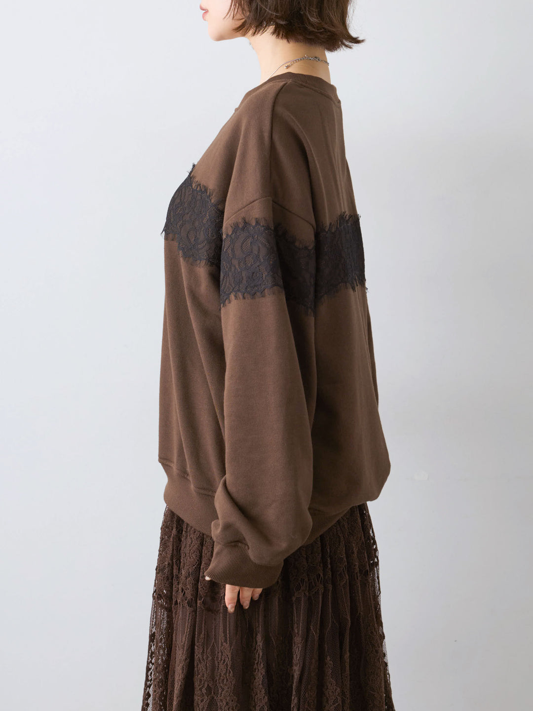 [予約]裏毛レースドッキングプルオーバー/brown