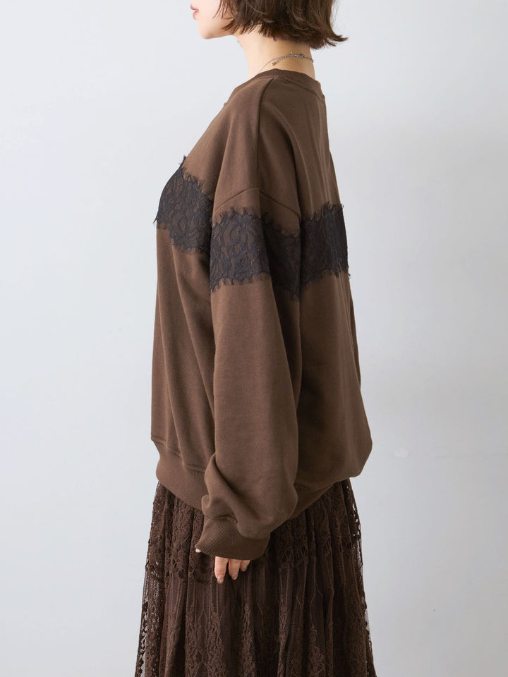 [予約]裏毛レースドッキングプルオーバー/brown