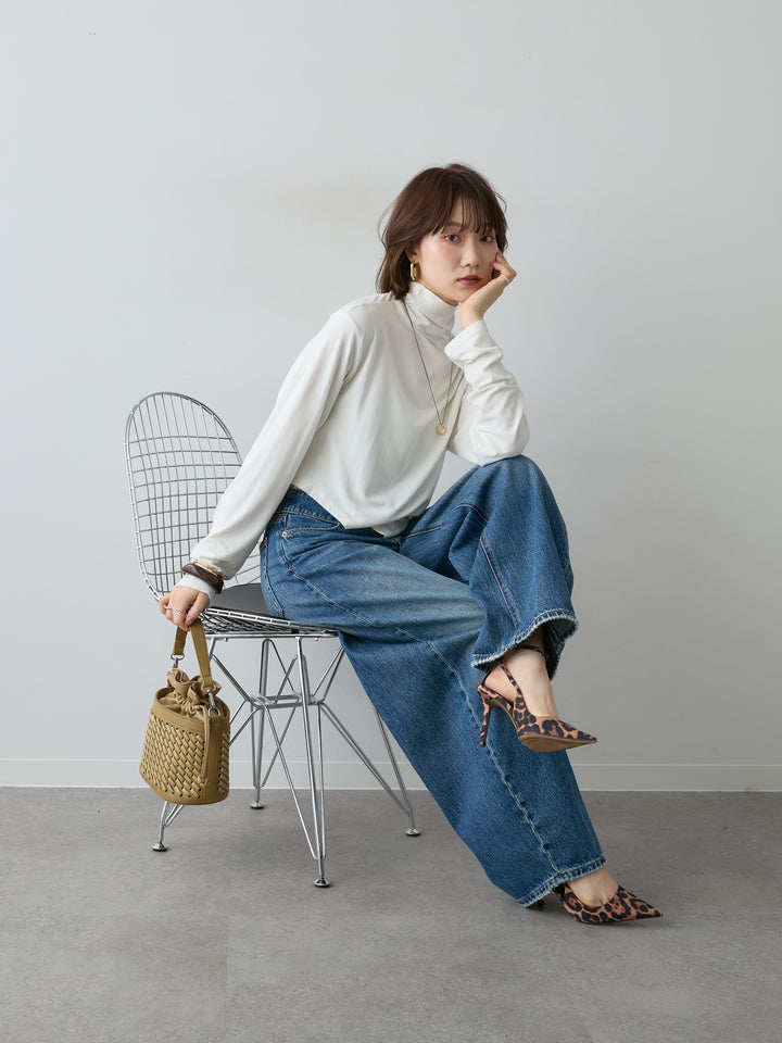 [SET]モックネックアシメヘムトップス+ウエスト折り返しデザインデニム(2set)