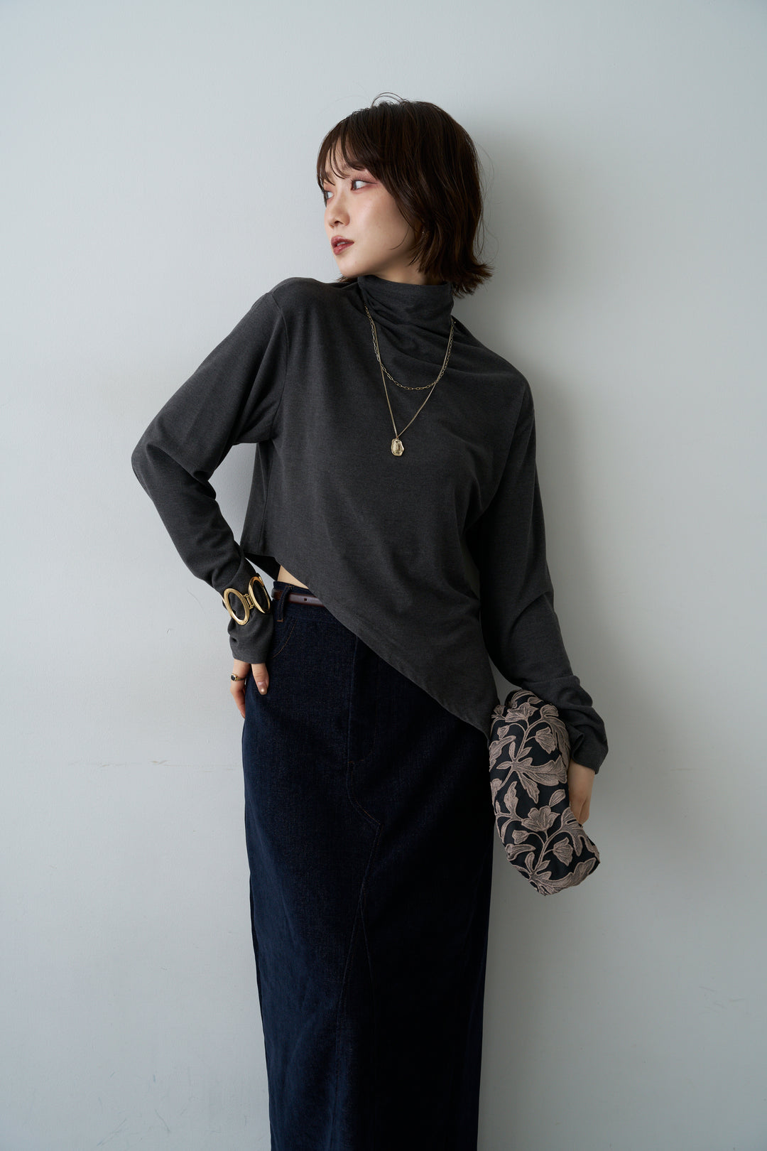 [SET]モックネックアシメヘムトップス+ベロアデニムIラインスカート(2set)