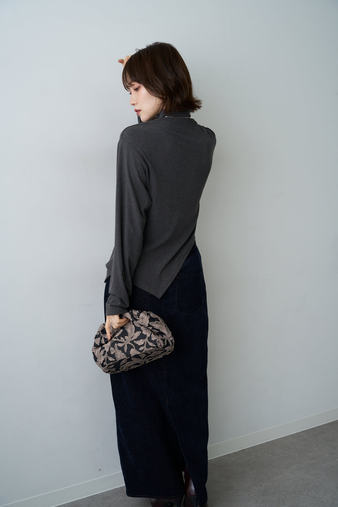 [予約]モックネックアシメヘムトップス/gray