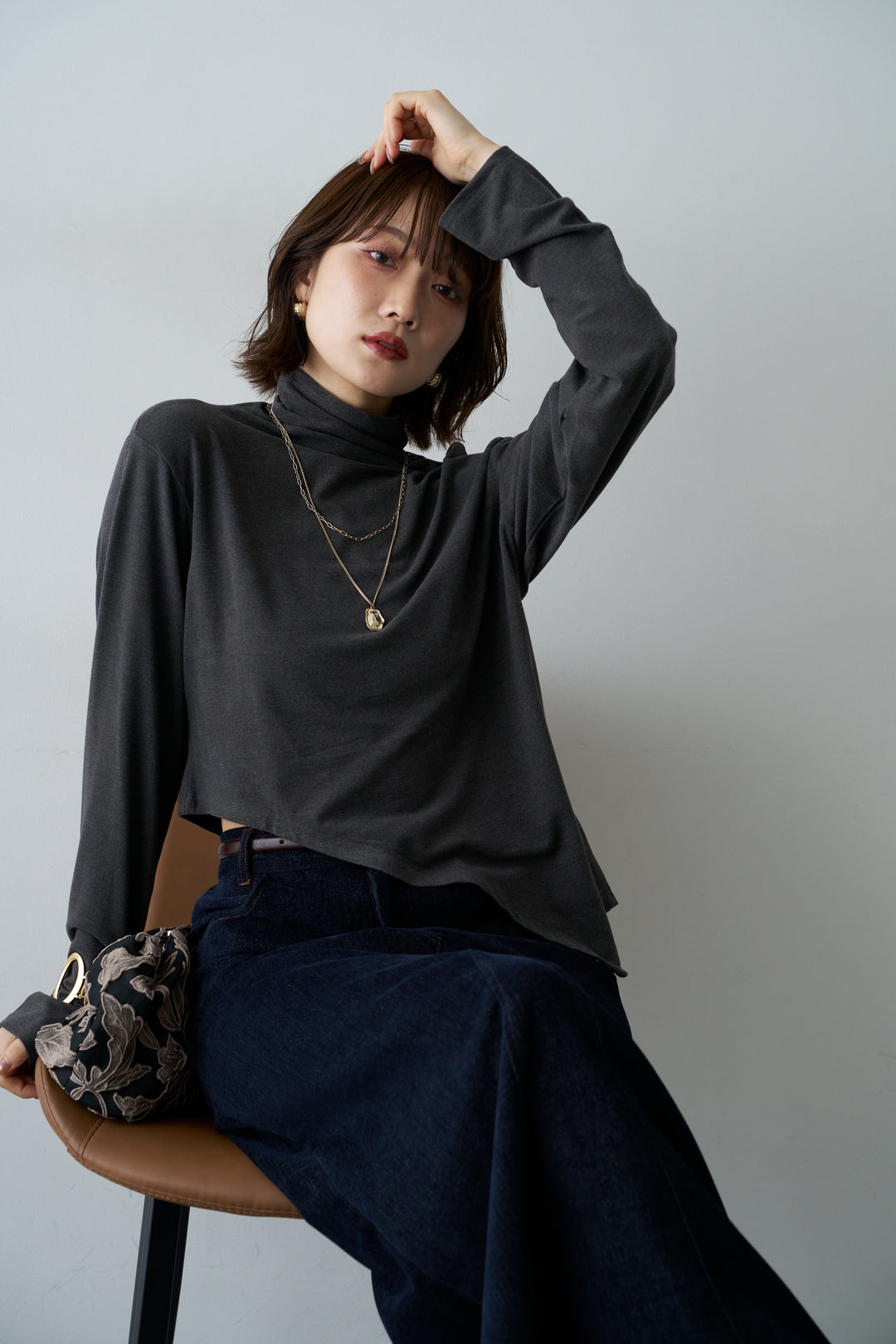[予約]モックネックアシメヘムトップス/gray