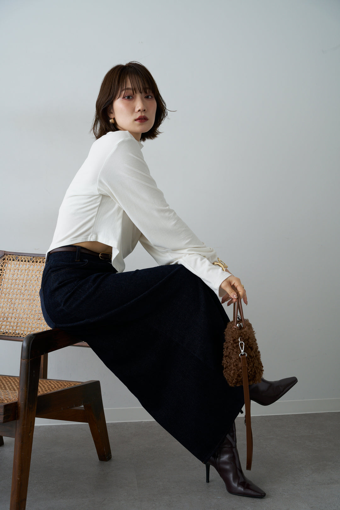 [SET]モックネックアシメヘムトップス+ベロアデニムIラインスカート(2set)