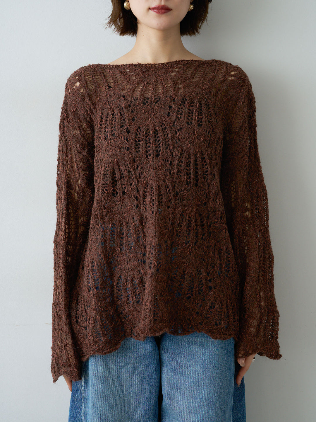 [予約]ミックスループ透かし編みニットトップス/brown