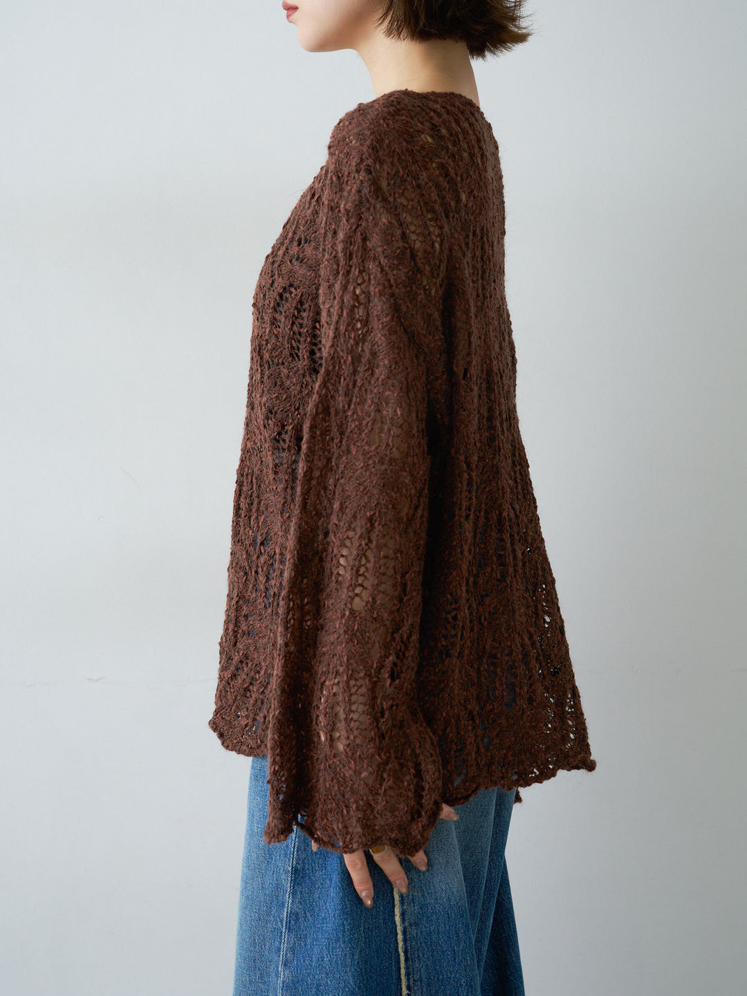 [予約]ミックスループ透かし編みニットトップス/brown