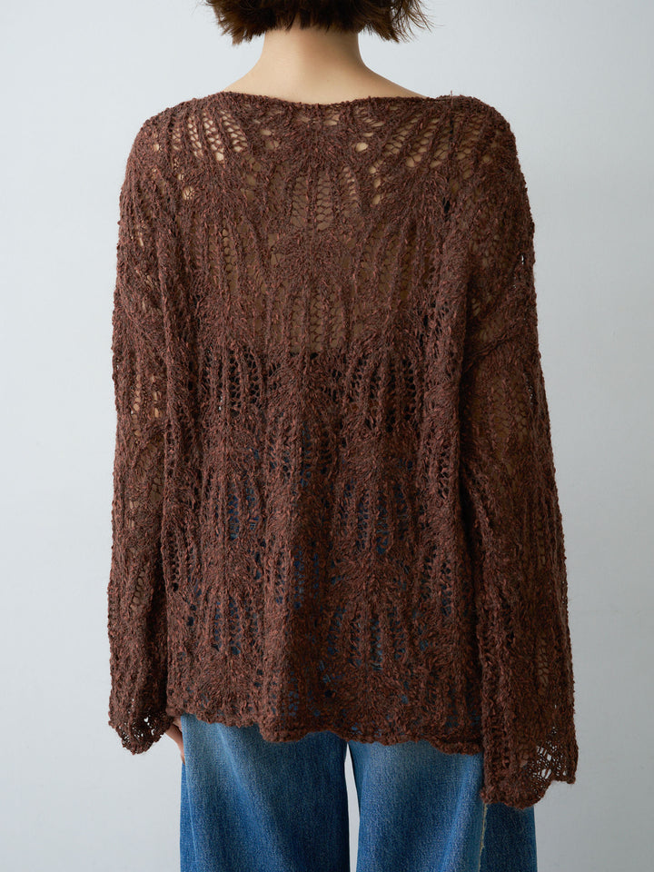 [予約]ミックスループ透かし編みニットトップス/brown