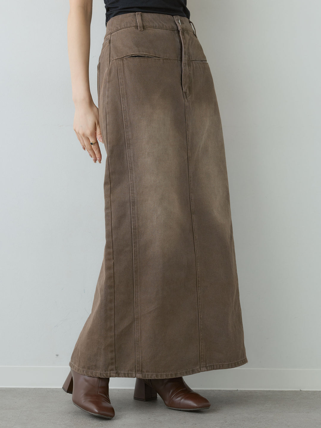 [予約]デニム切替Iラインスカート/brown