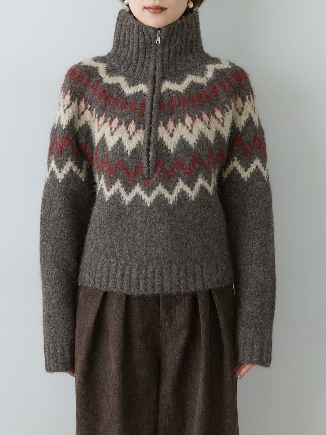 [予約]ノルディックハーフジップニットトップス/brown